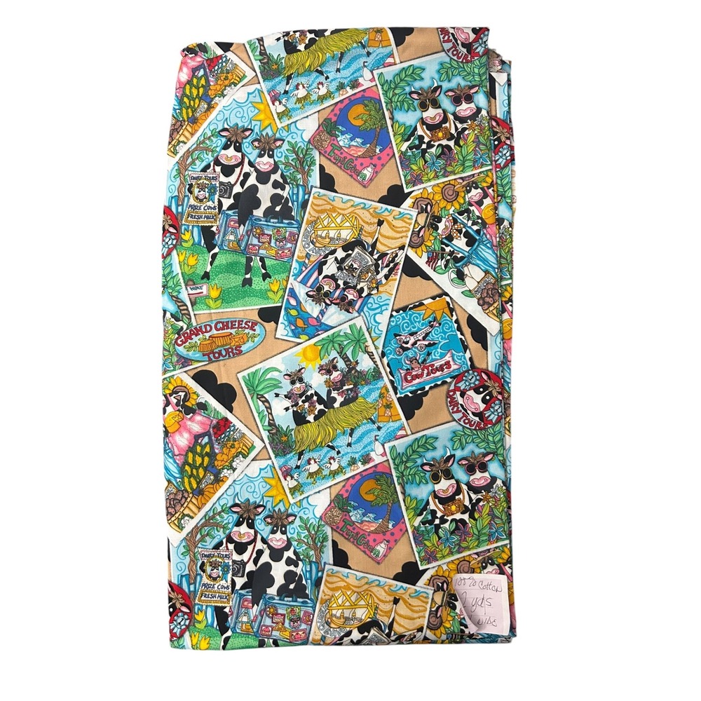 Lula Chong "Cow Tours" Novelty Cotton Fabric Cut (2 Yards) Vintage